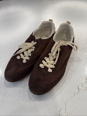 Zara Dark Brown Suede Sneakers with Cream Laces
